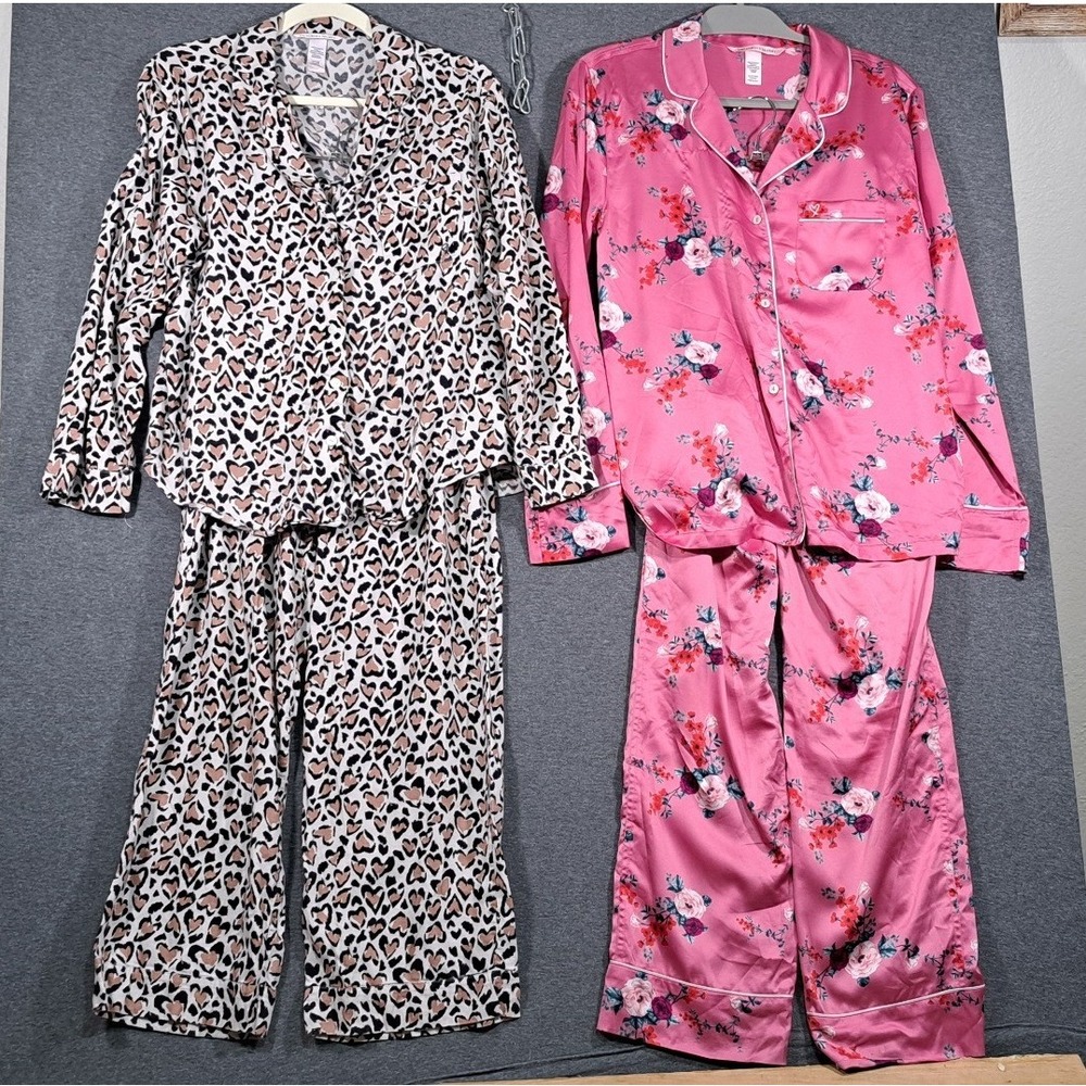 Victoria's Secret Pajama Set Bundle Pink Floral Satin Leopard Heart S XS Long